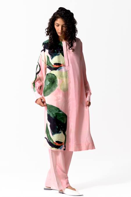 OFRIDA_Pink Cotton, Silk Embroidery Round Neck Flora Bloom Print Kurta With Pant_Online_at_Aza_Fashions