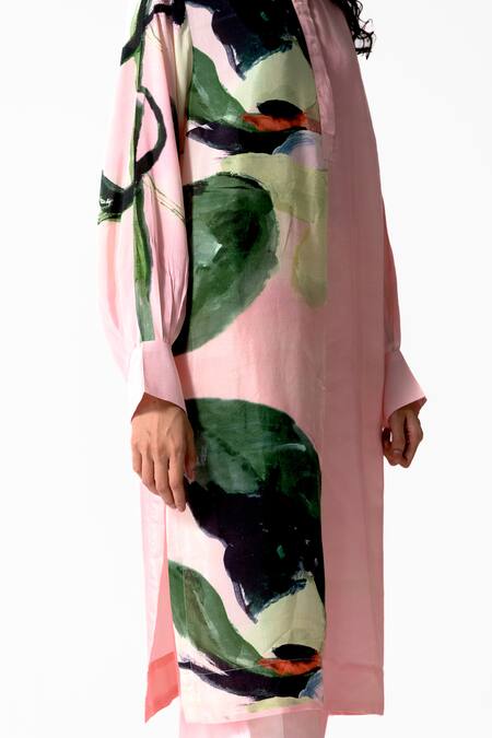 Shop_OFRIDA_Pink Cotton, Silk Embroidery Round Neck Flora Bloom Print Kurta With Pant_Online_at_Aza_Fashions