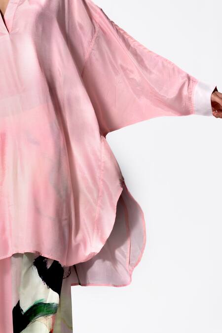 OFRIDA_Pink Cotton, Silk Budding Flora Back Print High Low Kurta With Flared Pant_Online_at_Aza_Fashions