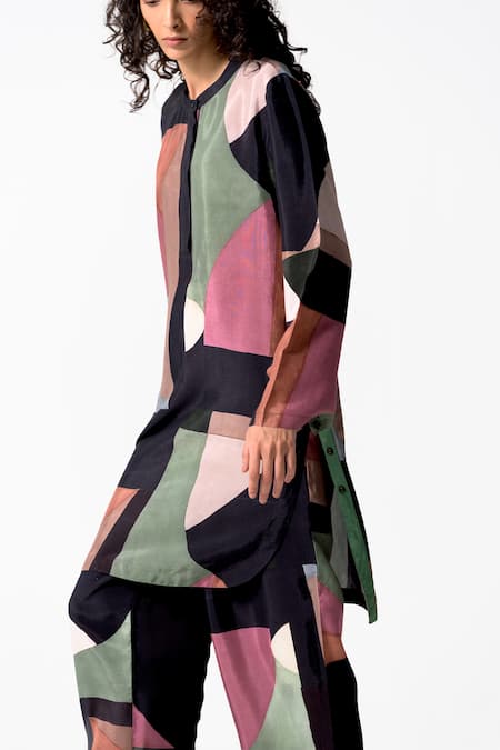 Buy OFRIDA Multi Color Cotton, Silk Round Neck Geometric Mania Print Kurta With Pant Online at Aza Fashions Buy_OFRIDA_Multi Color Cotton, Silk Round Neck Geometric Mania Print Kurta With Pant_Online_at_Aza_Fashions