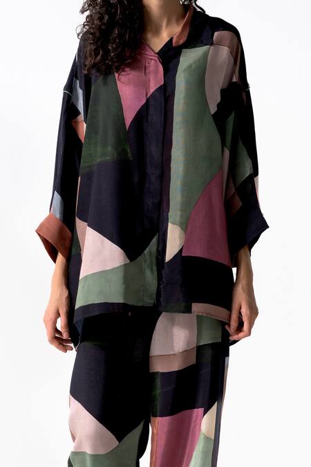 Buy_OFRIDA_Multi Color Cotton, Silk Collared Dimension Print Button Down Shirt With Pant_Online_at_Aza_Fashions