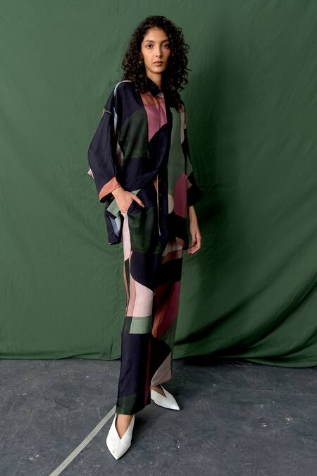 Shop_OFRIDA_Multi Color Cotton, Silk Collared Dimension Print Button Down Shirt With Pant_Online_at_Aza_Fashions