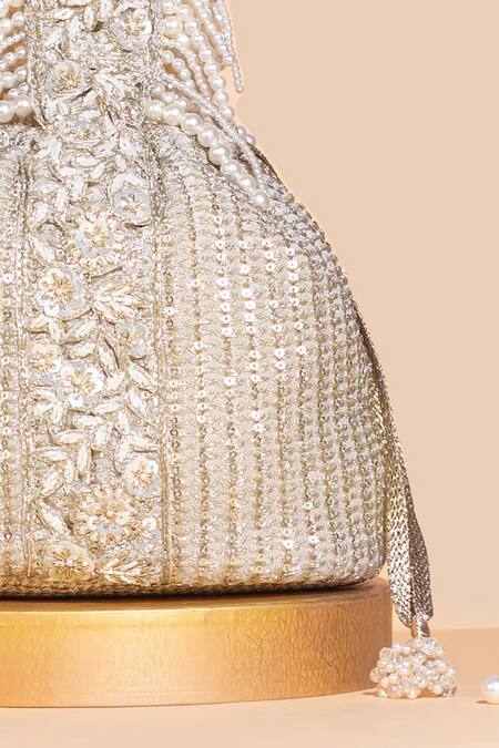 Buy Amyra Gold Pearls, Zari, Embroidery Tara Bucket Bag Online at Aza Fashions Buy_Amyra_Gold Pearls, Zari, Embroidery Tara Bucket Bag _Online_at_Aza_Fashions