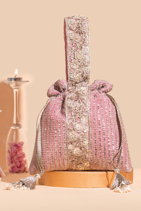 Shop Amyra Pink Zari, Sequins Tara Thread And Embroidered Potli at Aza Fashions Shop_Amyra_Pink Zari, Sequins Tara Thread And Embroidered Potli _at_Aza_Fashions