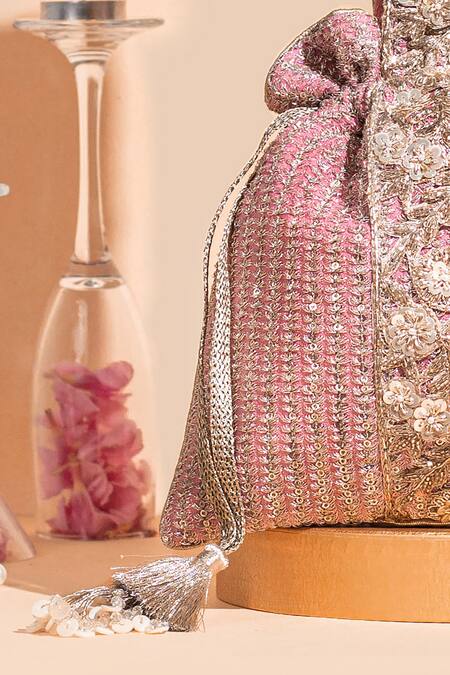 Shop Amyra Pink Zari, Sequins Tara Thread And Embroidered Potli Online at Aza Fashions Shop_Amyra_Pink Zari, Sequins Tara Thread And Embroidered Potli _Online_at_Aza_Fashions