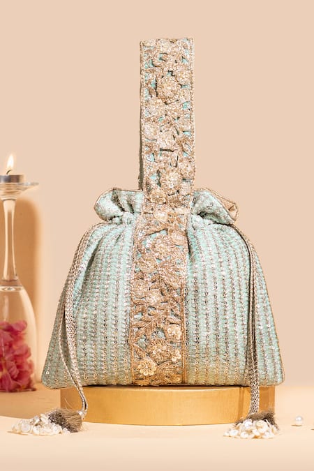 Shop Amyra Green Zari Tara Stripe Embroidered Potli at Aza Fashions Shop_Amyra_Green Zari Tara Stripe Embroidered Potli _at_Aza_Fashions