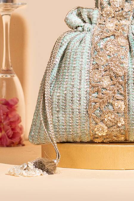 Buy Amyra Green Zari Tara Stripe Embroidered Potli Online at Aza Fashions Buy_Amyra_Green Zari Tara Stripe Embroidered Potli _Online_at_Aza_Fashions