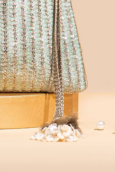 Shop Amyra Green Zari Tara Stripe Embroidered Potli Online at Aza Fashions Shop_Amyra_Green Zari Tara Stripe Embroidered Potli _Online_at_Aza_Fashions