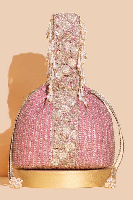 Shop Amyra Pink Zari Tara Stripe Pattern Potli at Aza Fashions Shop_Amyra_Pink Zari Tara Stripe Pattern Potli _at_Aza_Fashions