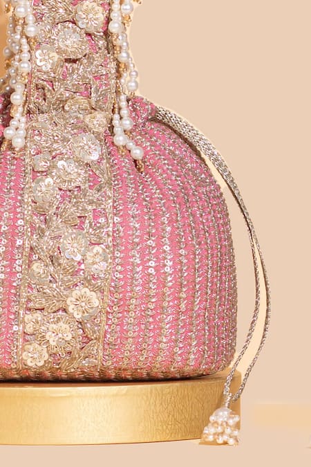 Buy Amyra Pink Zari Tara Stripe Pattern Potli Online at Aza Fashions Buy_Amyra_Pink Zari Tara Stripe Pattern Potli _Online_at_Aza_Fashions