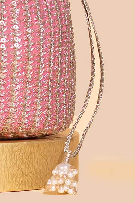 Shop Amyra Pink Zari Tara Stripe Pattern Potli Online at Aza Fashions Shop_Amyra_Pink Zari Tara Stripe Pattern Potli _Online_at_Aza_Fashions