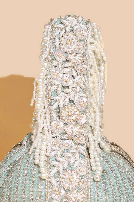 Amyra Green Zari, Sequins Tara Floral Zardozi Embroidered Bucket Bag Online at Aza Fashions Amyra_Green Zari, Sequins Tara Floral Zardozi Embroidered Bucket Bag _Online_at_Aza_Fashions