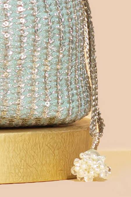 Buy Amyra Green Zari, Sequins Tara Floral Zardozi Embroidered Bucket Bag Online at Aza Fashions Buy_Amyra_Green Zari, Sequins Tara Floral Zardozi Embroidered Bucket Bag _Online_at_Aza_Fashions