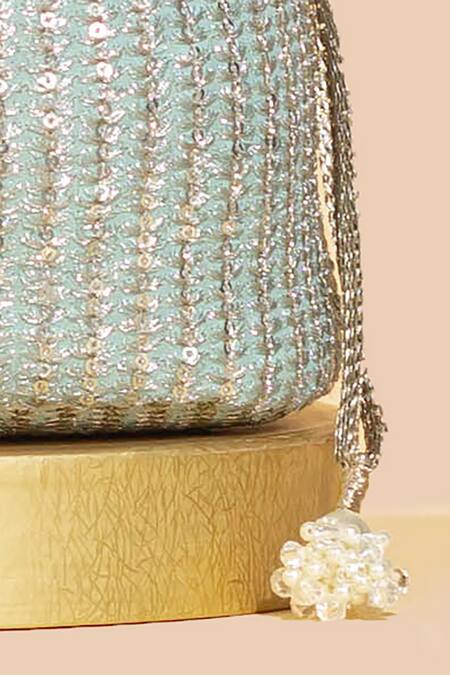 Shop Amyra Green Zari, Sequins Tara Floral Zardozi Embroidered Bucket Bag Online at Aza Fashions Shop_Amyra_Green Zari, Sequins Tara Floral Zardozi Embroidered Bucket Bag _Online_at_Aza_Fashions