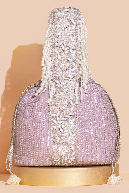 Shop Amyra Purple Zari, Sequins, Beads Tara And Zardozi Embroidered Bucket Bag at Aza Fashions Shop_Amyra_Purple Zari, Sequins, Beads Tara And Zardozi Embroidered Bucket Bag _at_Aza_Fashions