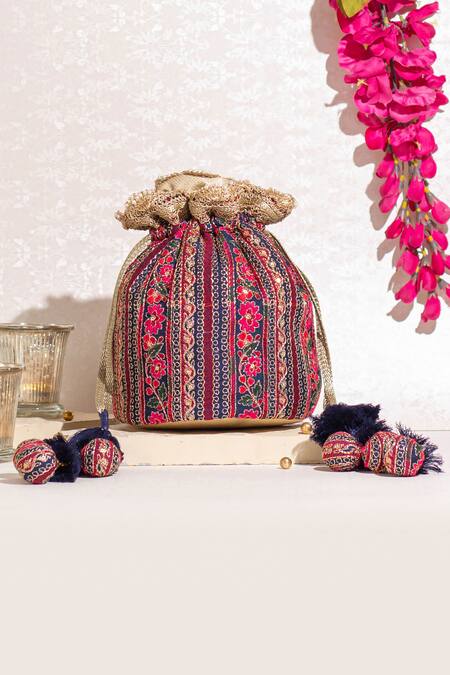 Shop Amyra Blue Zari, Sequins, Embroidery Zuri Floral Thread Potli Bag at Aza Fashions Shop_Amyra_Blue Zari, Sequins, Embroidery Zuri Floral Thread Potli Bag_at_Aza_Fashions