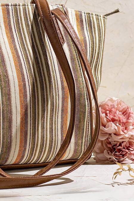Buy_Amyra_Brown New Yorker Stripe Pattern Tote Bag_Online_at_Aza_Fashions