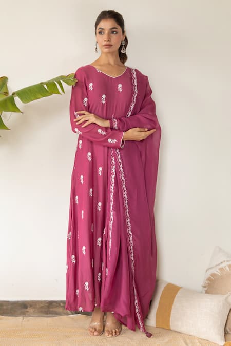 Kapraaaha Purple Anarkali Muslin Embroidery Resham Floral Thread With Dupatta  