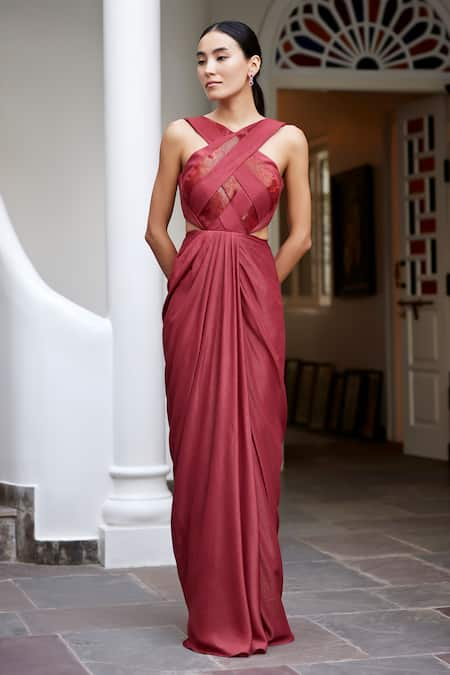 Parshya Brown Viscose Shimmer Satin Halter Overlap Gown 