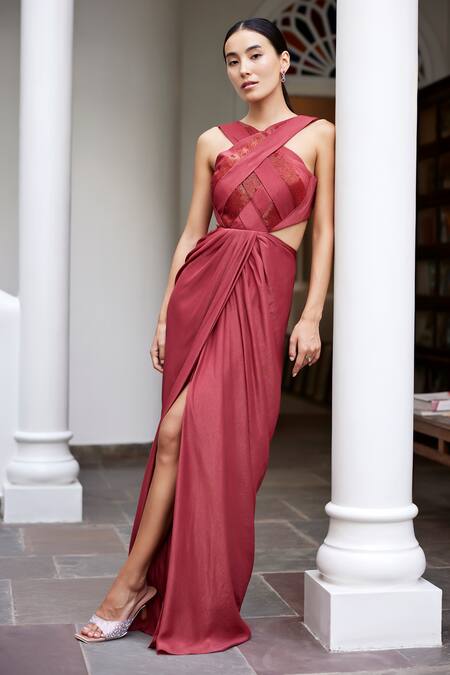 Parshya_Brown Viscose, Satin Halter Neck Overlap Shimmer Gown _Online_at_Aza_Fashions