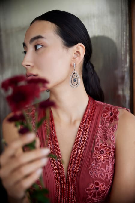 Parshya_Brown Viscose, Georgette, Satin Embroidery V-neck Center Draped Embellished Gown _Online_at_Aza_Fashions