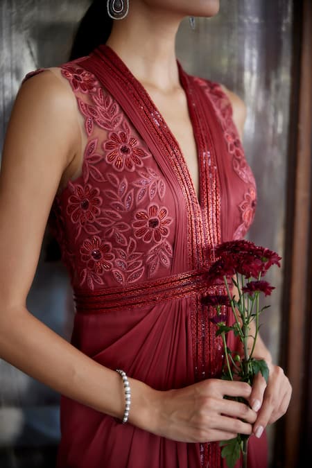 Buy_Parshya_Brown Viscose, Georgette, Satin Embroidery V-neck Center Draped Embellished Gown _Online_at_Aza_Fashions