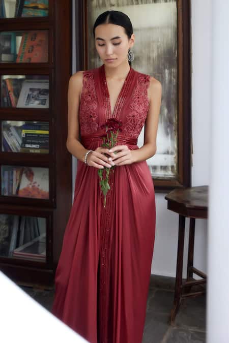 Shop_Parshya_Brown Viscose, Georgette, Satin Embroidery V-neck Center Draped Embellished Gown _Online_at_Aza_Fashions