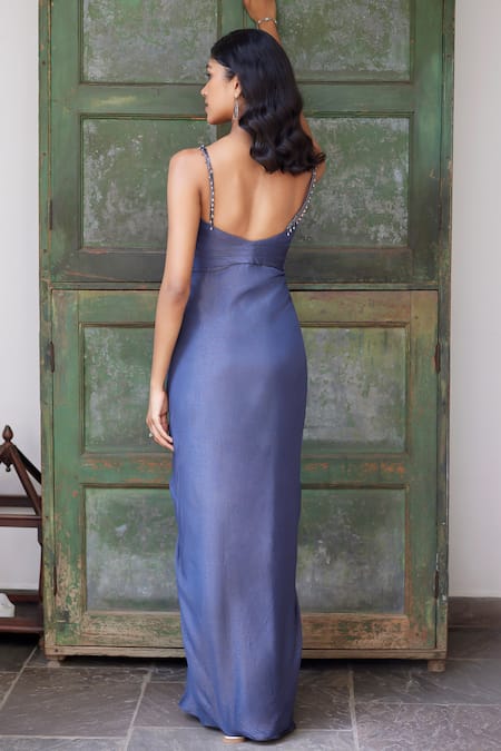 Parshya_Grey Viscose, Satin V-neck Draped Shimmer Gown _Online_at_Aza_Fashions
