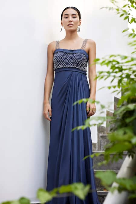 Buy Parshya Grey Viscose, Georgette Beads Square Neck Crystal Work Gown Online at Aza Fashions Buy_Parshya_Grey Viscose, Georgette Beads Square Neck Crystal Work Gown _Online_at_Aza_Fashions