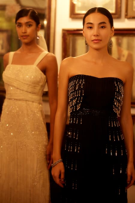 Buy_Parshya_Black Viscose, Georgette Tassels Bandeau Neck Embroidered Pleated Gown _Online_at_Aza_Fashions