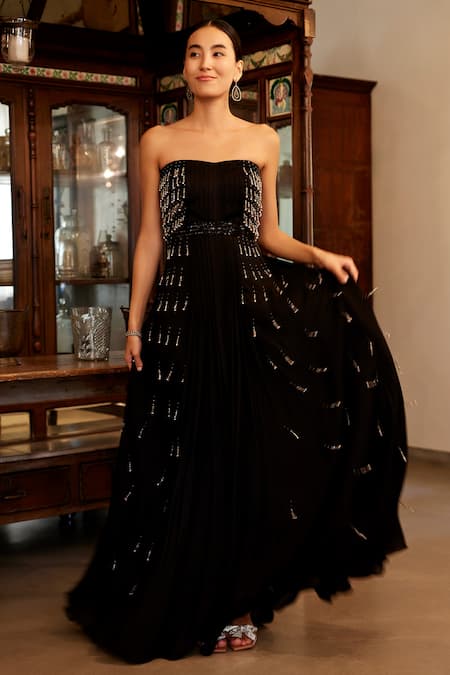 Shop_Parshya_Black Viscose, Georgette Tassels Bandeau Neck Embroidered Pleated Gown _Online_at_Aza_Fashions