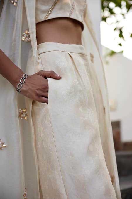 Buy_Parshya_Beige Silk Organza, Viscose Beads Collared Trench Jacket Pant Set _Online_at_Aza_Fashions