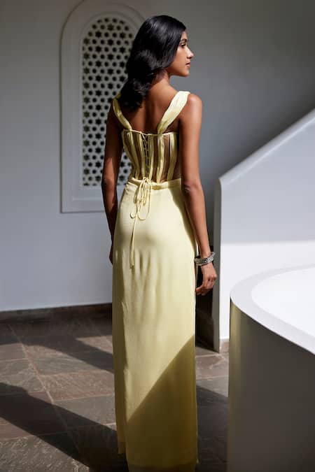 Parshya_Yellow Viscose, Georgette Embroidery, Applique Corset Blouse Draped Skirt Set _Online_at_Aza_Fashions