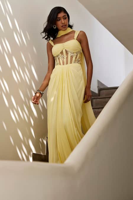 Shop_Parshya_Yellow Viscose, Georgette Embroidery, Applique Corset Blouse Draped Skirt Set _Online_at_Aza_Fashions