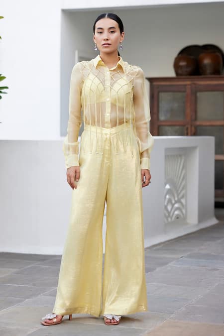 Parshya Yellow Pant And Bralette Viscose Flat Chiffon Lurex Embroidered Shirt & Set 