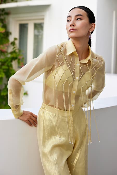 Buy_Parshya_Yellow Silk Organza, Viscose, Chiffon, Lurex Pearls Embroidered Shirt And Pant Set _Online_at_Aza_Fashions