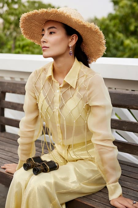 Parshya_Yellow Silk Organza, Viscose, Chiffon, Lurex Pearls Embroidered Shirt And Pant Set _at_Aza_Fashions