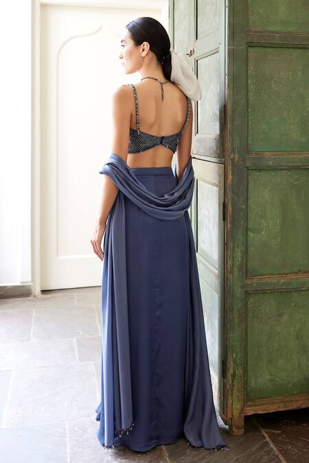 Shop Parshya Gray Viscose, Georgette, Satin Beads Grey Embroidered Blouse And Draped Skirt Set at Aza Fashions Shop_Parshya_Gray Viscose, Georgette, Satin Beads Grey Embroidered Blouse And Draped Skirt Set _at_Aza_Fashions