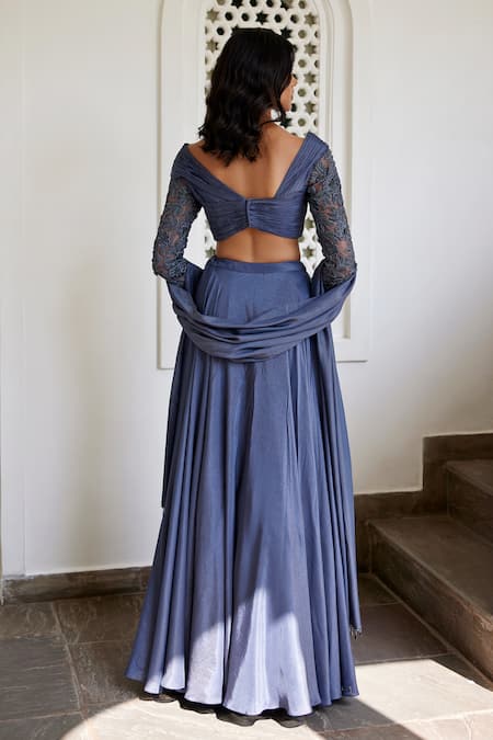 Parshya_Gray Viscose, Satin Tassels Asymmetric Embroidered Flared Skirt Set _Online_at_Aza_Fashions