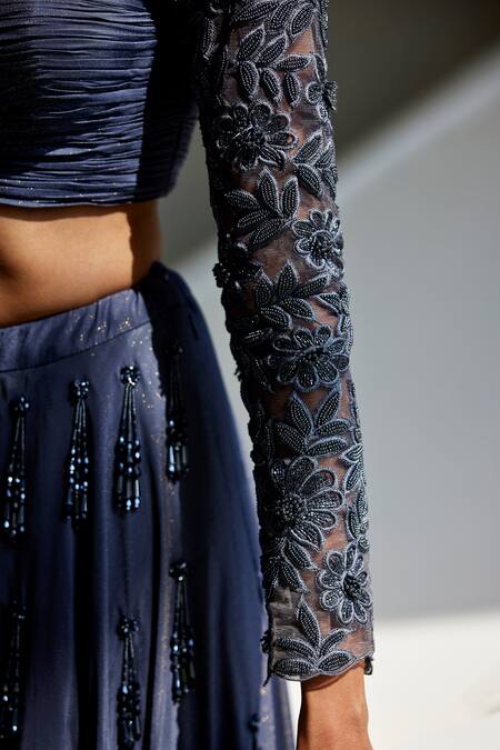 Shop_Parshya_Gray Viscose, Satin Tassels Asymmetric Embroidered Flared Skirt Set _Online_at_Aza_Fashions