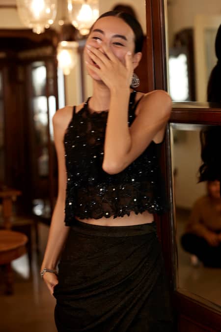 Shop_Parshya_Black Organza, Viscose, Satin, Cut Work, Sheer Top Skirt Set _Online_at_Aza_Fashions