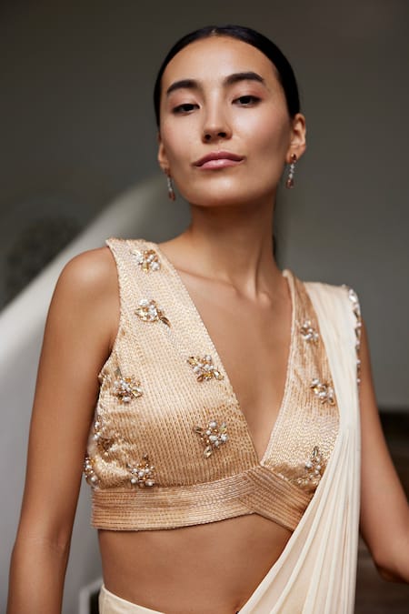 Parshya_Beige Viscose, Georgette, Nalki Border Embroidered Pre-draped Saree With Blouse _Online_at_Aza_Fashions