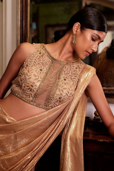 Buy Parshya Gold Viscose, Chiffon, Lurex Shimmer Pre-draped Saree With Embroidered Blouse Online at Aza Fashions Buy_Parshya_Gold Viscose, Chiffon, Lurex Shimmer Pre-draped Saree With Embroidered Blouse _Online_at_Aza_Fashions