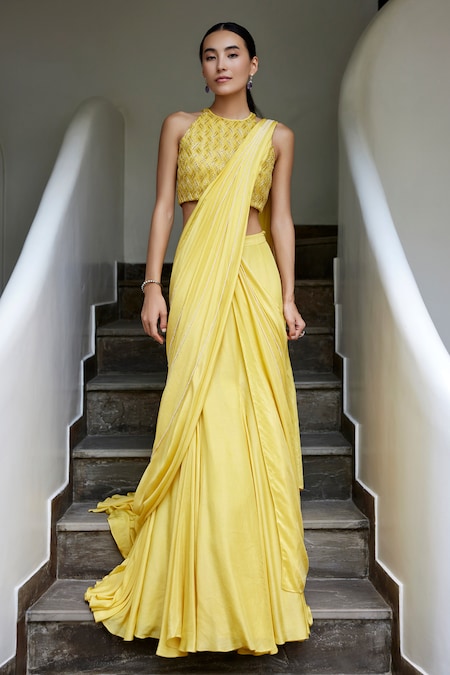 Buy Yellow Viscose Shimmer Pearl Embellished Pre-draped Saree With