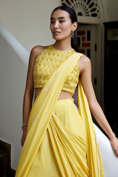 Buy_Parshya_Yellow Viscose, Satin Pearls, Sequins, Beads Embellished Pre-draped Saree _Online_at_Aza_Fashions