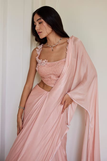 Buy Parshya Pink Viscose, Georgette, Moti Border Lehenga Saree With 3d Bloom Corset Blouse Online at Aza Fashions Buy_Parshya_Pink Viscose, Georgette, Moti Border Lehenga Saree With 3d Bloom Corset Blouse _Online_at_Aza_Fashions