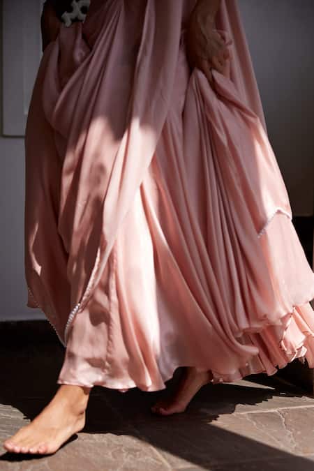 Parshya Pink Viscose, Georgette, Moti Border Lehenga Saree With 3d Bloom Corset Blouse at Aza Fashions Parshya_Pink Viscose, Georgette, Moti Border Lehenga Saree With 3d Bloom Corset Blouse _at_Aza_Fashions