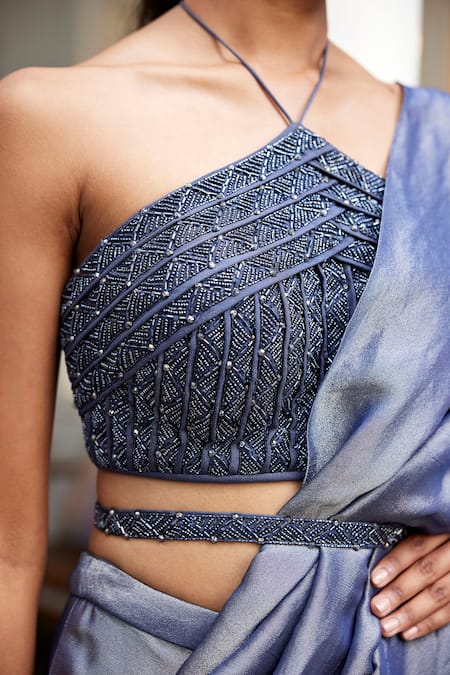 Parshya_Grey Viscose Beads, Cut Work Plain Lehenga Saree With Embroidered Blouse _Online_at_Aza_Fashions