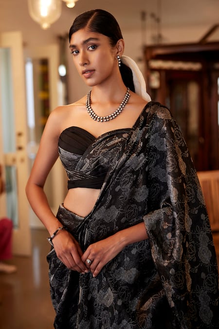 Buy_Parshya_Black Viscose, Jacquard Musk Rose Woven Pre-draped Saree With Tube Blouse _Online_at_Aza_Fashions