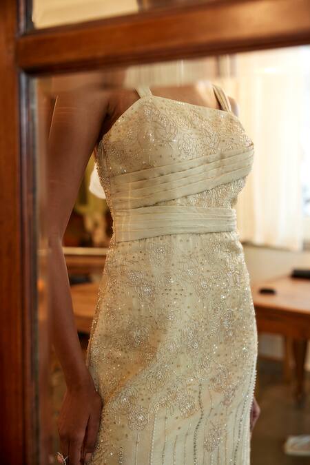 Buy_Parshya_Beige Viscose, Jacquard, Linen Pearls, Sequins, Bloom Paradise Embroidered Gown _Online_at_Aza_Fashions